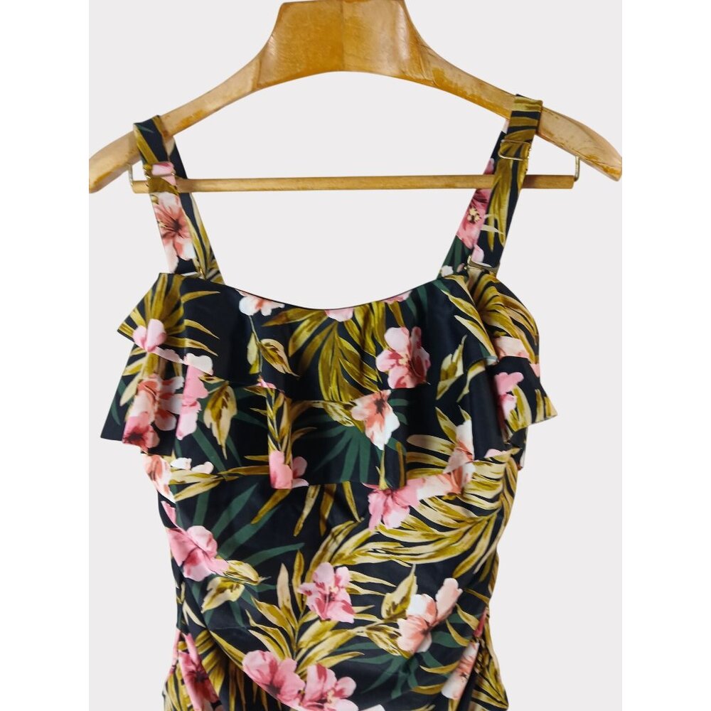 Kona Sol 16W Black Green Pink Floral Ruffle Front One Piece Swimsuit 16W Plus - Picture 2 of 13